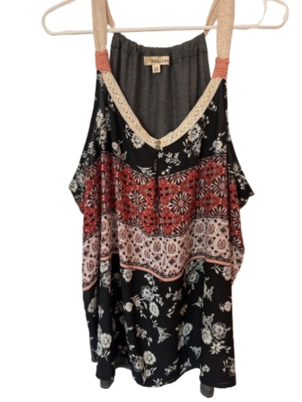 Rewind Boho Floral Mixed Print Tank Top with Lace Trim Size 2X